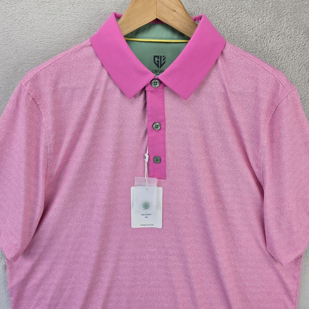 NWT Graham Luxe Polo Shirt Mens Large Pink Berry Therry GL 13525 Polyester Golf - Picture 2 of 11